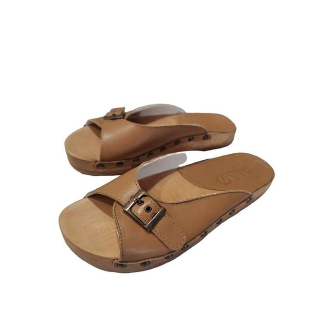 Earth Tan Leather Slide Sandals with Buckle